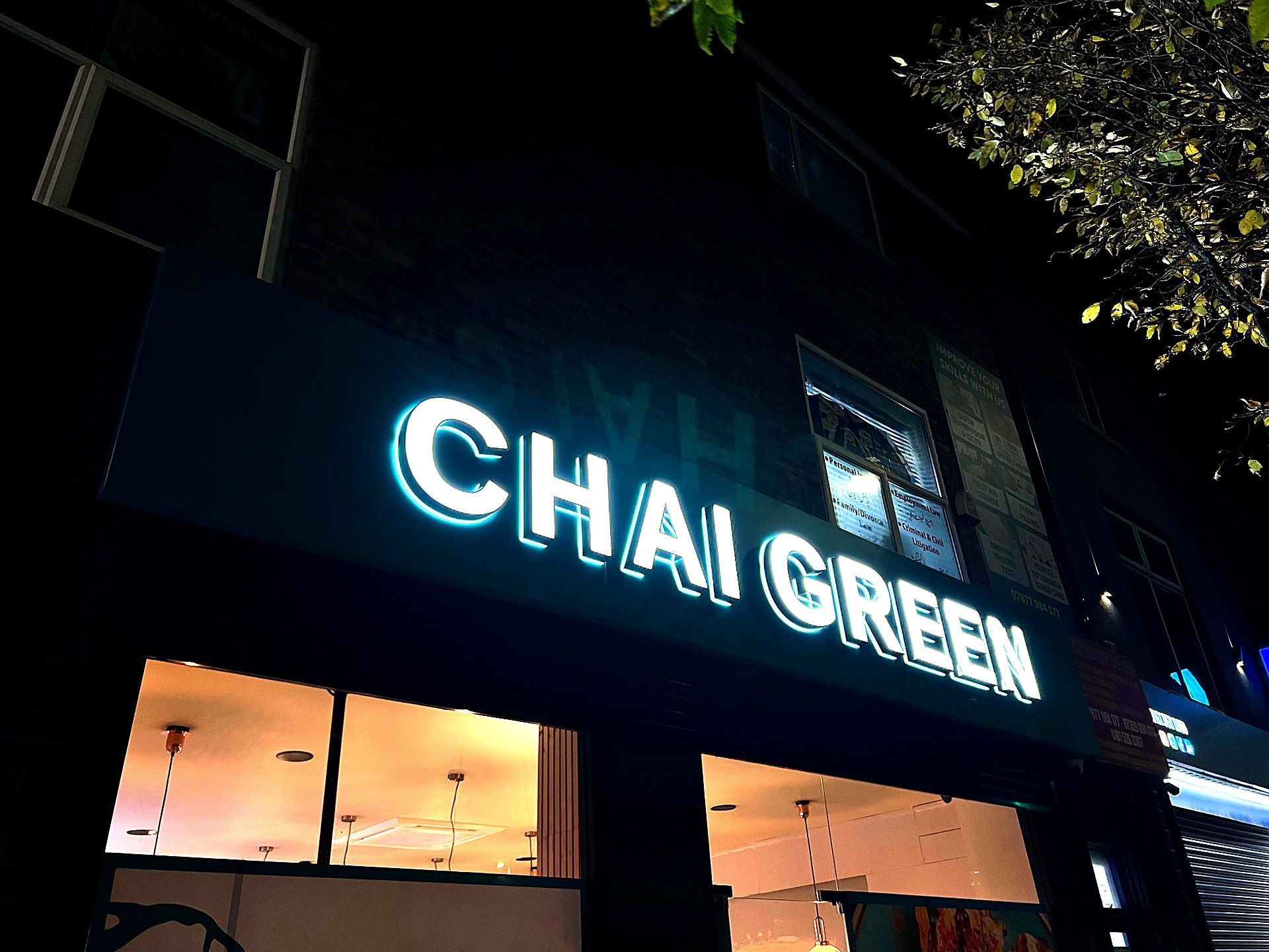Chai Green illuminated built-up letters