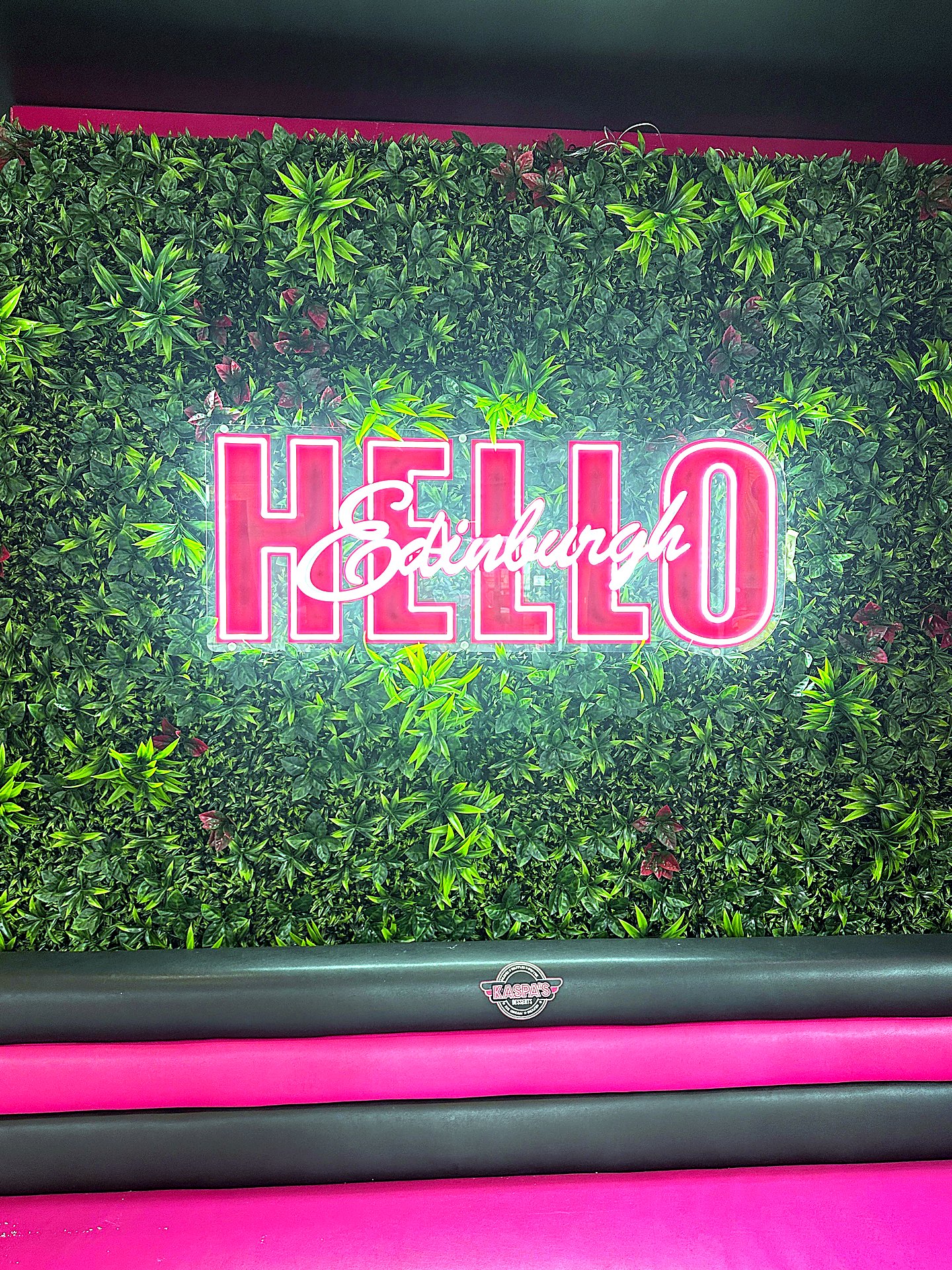 HELLO Edinburgh neon sign on greenery wall